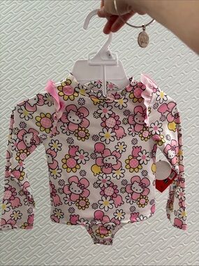 Hello Kitty Pink Floral Long Sleeve Swim Rashguard with Ruffle Shoulders